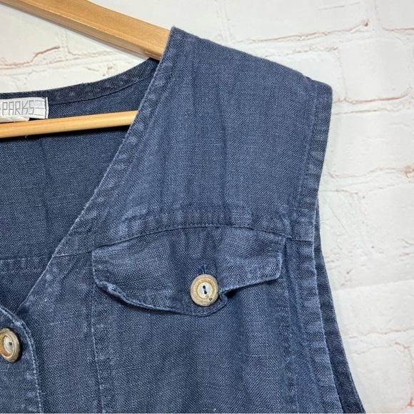 Rose Parks Top Womens 3 Blue Tunic Shirt Vest Linen Button Up Hi Low Pockets - Picture 10 of 11
